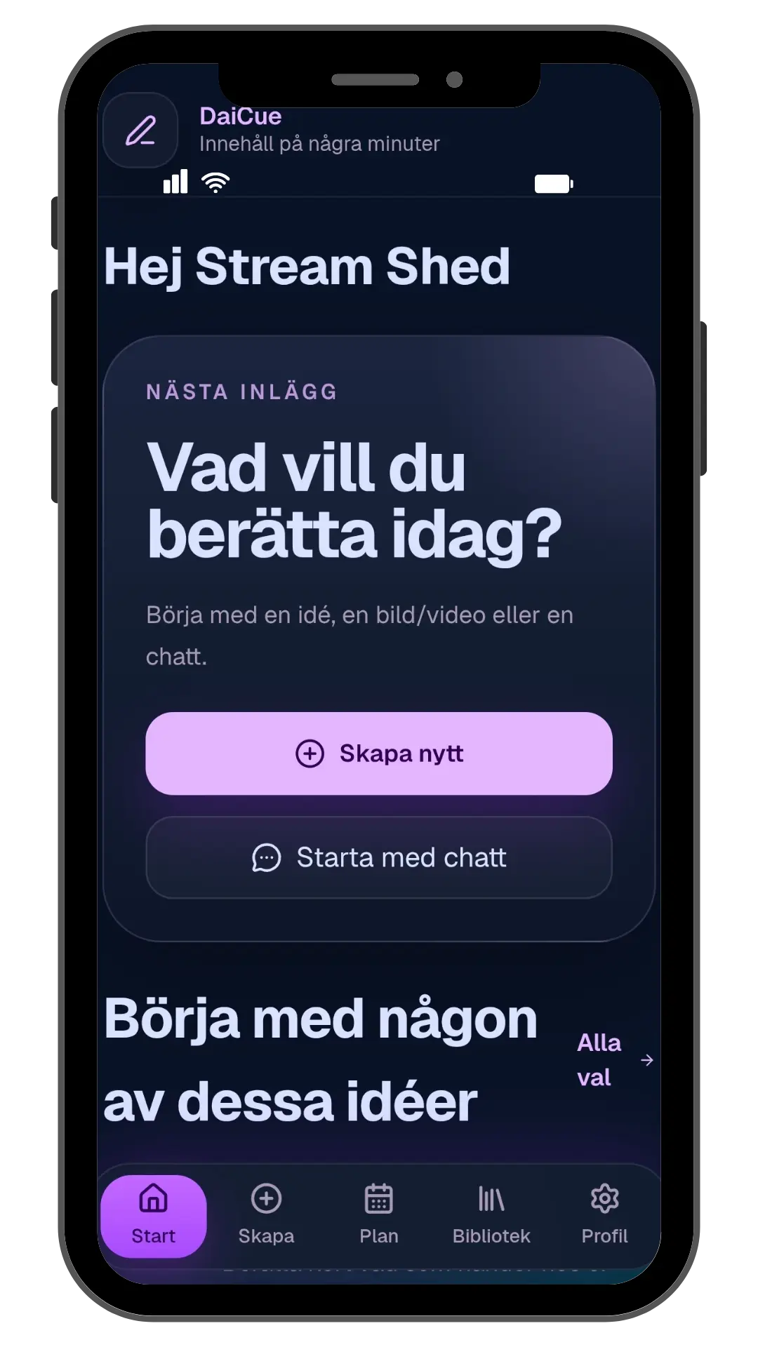 DaiCue dashboard på mobil